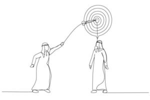 Cartoon of arab businessman Throw a Dart Into Target On Customer Mind. One line art style vector