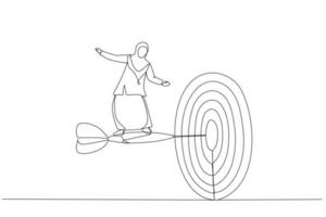 Cartoon of businesswoman with briefcase standing on dart to achieve business goal. Metaphor for solution, achievement, mission, and direction. Single line art style vector