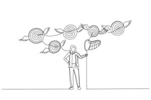 Drawing of businesswoman try to catch flying target. Single continuous line art vector