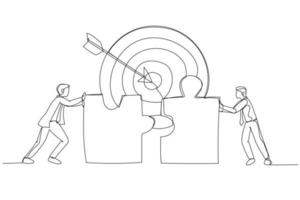 Drawing of businessmen connecting puzzle elements. Metaphor for teamwork success target achievement. Single line art style vector