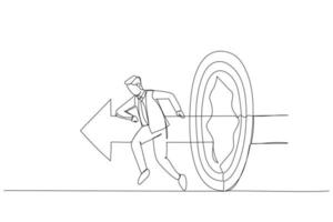 Drawing of businessman like superhero running and breaking target archery. Metaphor of success goal and success. Single line art style vector