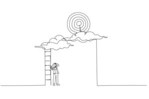 Cartoon of hopelessness businesswoman with too short ladder cannot reach target. Metaphor for mistake and error causing business problem and missing goal. One line style art vector