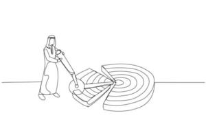 Cartoon of arab businessman break down dartboard target into chunks. Metaphor for break down big goal into small achievable goals. One line art style vector