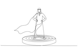 caricatura del líder superhéroe de un hombre de negocios árabe en el podio, orgulloso y fuerte. metáfora de la gestión empresarial árabe y el jefe. estilo de arte de una línea vector