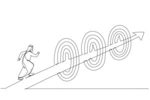 Drawing of arab businessman running on arrow way through targets. Metaphor for achievements or challenge to achieve targets and business goals. Single continuous line art style vector