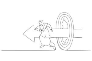 Illustration of muslim businesswoman like superhero running and breaking target archery. Metaphor of success goal and success. Single line art style vector