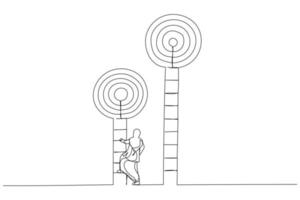 Cartoon of smart muslim businesswoman about to climb up ladder to achieve short term goal. Metaphor for focus on short term goal to achieve long term success. One line art style vector