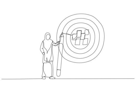 la ilustración de una mujer de negocios musulmana escribe un objetivo en las notas y se coloca en un gran objetivo de tablero de dardos. Metáfora para el establecimiento de metas, objetivo alcanzable o objetivo con propósito. estilo de arte de una sola línea vector
