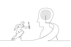 Cartoon of muslim businesswoman hold arrow running up stairway to the target on human head. Metaphor for growth, success, target, positioning. One line art style vector