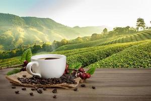 Hot coffee cup with fresh organic red coffee beans and coffee roasts on the wooden table and the black background with copyspace for your text. photo