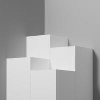 Abstract white cubic pedestal podium, Product display podium in room, 3d rendering studio with geometric shapes, Cosmetic product minimal scene with platform, Stand to show products background photo