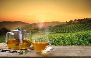 Cup of hot tea and glass jugs or jars and tea leaf on the wooden table and the tea plantations background photo