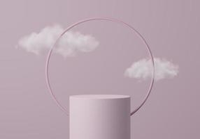 Abstract pink round corner pedestal podium with cloud, Product display podium in sky, 3d rendering studio with geometric shapes, Cosmetic product minimal scene with platform, Stand to show products photo