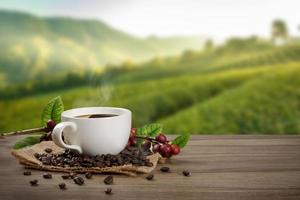 Hot coffee cup with fresh organic red coffee beans and coffee roasts on the wooden table and the black background with copyspace for your text. photo