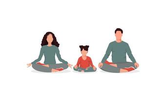 Yoga family. Mother, father, and daughter sitting in lotus pose, meditating, practicing yoga isolated on the white background. Vector illustration