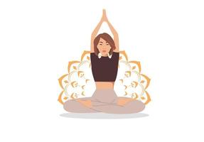 Asian woman meditating in lotus pose with mandala isolated on the white background. Vector illustration