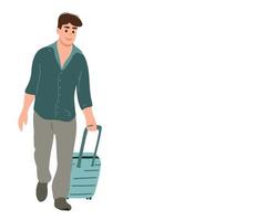 A guy or a young man walks with a suitcase isolated on a white background. Travel concept. Vector illustration