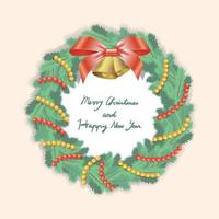 Single Christmas wreath on light background with bells and bows, strings of beads vector