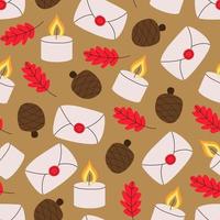 Hygge autumn seamless pattern with falling leaves, candles, postcards, envelopes, cones. Cozy fall illustration. Hygge coziness. For wallpaper, web, greeting cards, fabric, textile, texture.