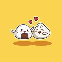 Steamed bun and Onigiri Cute Character Love Couple - vector illustration