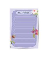 Daily planner template in floral style Vector design for a diary.