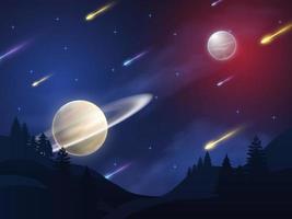 galaxy background with planet and meteor shower vector