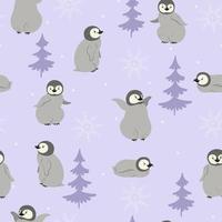 Seamless pattern with penguins and snowflakes. Vector graphics.