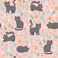 patrón impecable con lindos gatos y flores. gráficos vectoriales vector