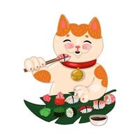 Cat eats sushi and rolls Isolated on a white background. Vector graphics.