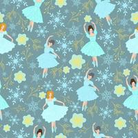 Seamless pattern with ballerinas and snowflakes. Vector graphics.