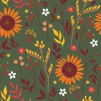 Seamless pattern with autumn flowers and leaves. Vector graphics.