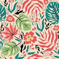 Seamless tropical pattern with leaves and flowers. Vector graphics.