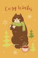 Postcard with a cute cat in a scarf and the inscription Cozy Winter.  Vector graphics.