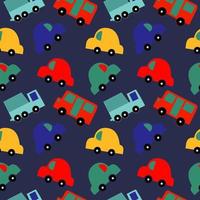 Flat style Cartoon car Seamless Vector pattern isolated on navy blue background.