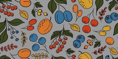 GRAY VECTOR SEAMLESS PATTERN WITH COLORFUL FRUITS AND BERRIES