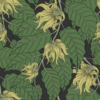 VECTOR SEAMLESS GRAY PATTERN WITH YELLOW YLANG-YLANG FLOWERS ON GREEN BRANCHES