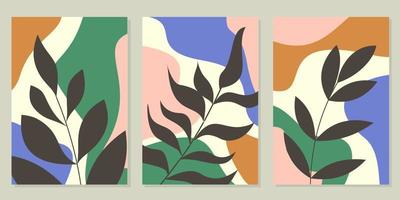 Botanical wall art vector set. Foliage line art drawing with abstract shape. design for print, home decor, cover, wallpaper, natural wall art. Vector illustration