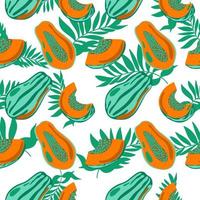 Seamless pattern of stylized papaya and tropical leaves, drawn elements in doodle style. Whole papaya, parts, slices, core. Image of summer fruits on white background vector