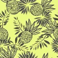 Seamless pattern of pineapples and tropical leaves, hand-drawn sketch-style elements. Whole pineapples. Palm leaves. Image of summer fruits vector