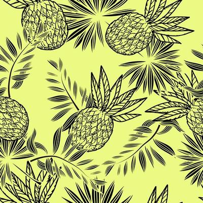 Seamless pattern of pineapples and tropical leaves, hand-drawn sketch-style elements. Whole pineapples. Palm leaves. Image of summer fruits