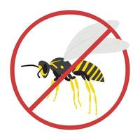 Wasp with a prohibition sign isolated on a white background. Image for insect repellent. Flat style. Vector illustration