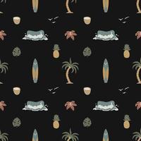 Seamless Pattern With Hand Drawn Elements With A Surf Theme. Wave, Surf, Palm Trees And More. vector