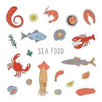 Sea Food Set. Flat Hand Drawn Vector Images For Your Design.