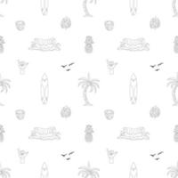 Seamless Pattern With Hand Drawn Elements With A Surf Theme. Wave, Surf, Palm Trees And More. vector