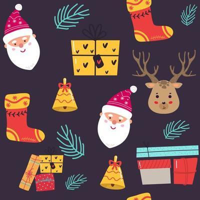 Seamless Christmas pattern with cartoon Santa Claus with deer, present. Wrapping paper design. Wrapping paper design. bow, present, Perfect for holiday invitations greeting carwallpaper gift papeds,