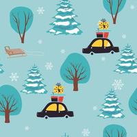 car with Christmas gifts vector seamless pattern. New Year decoration seamless texture. Textiles, wrapping paper, wallpaper design, packaging. Winter. Festive backdrop