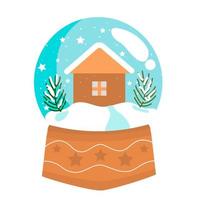 Christmas Snowball with trees and house. Glass snow globe isolated design. Festive Xmas object. Happy New Year and Merry Christmas. vector illustration