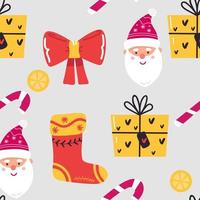 Seamless Christmas pattern with cartoon Santa Claus. Wrapping paper design. bow, present, vector