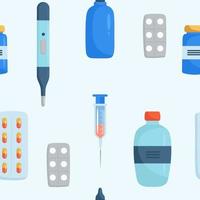 Medicine vector seamless pattern. Healthcare illustration for children. Doctor tools. Medicine time concept. Medicine bottle, capsules, pills in flat design. Medication time.