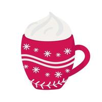 un vaso de chocolate caliente con crema batida, chocolate y galletas navideñas, rojo con un copo de nieve. elemento de diseño de tarjetas de Navidad. ilustración aislada. vector